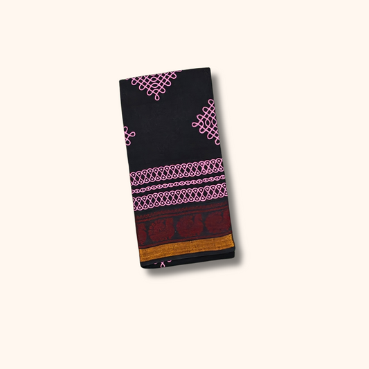 Black Kolam Print Cotton Saree with Maroon & Gold Border