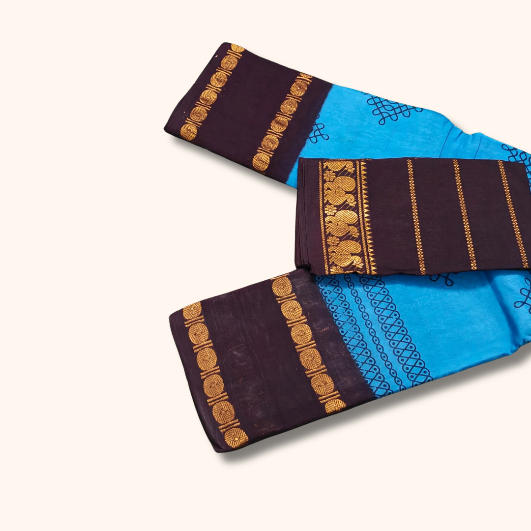 Sky Blue Sungudi Kolam Saree with Contrast Maroon Blouse