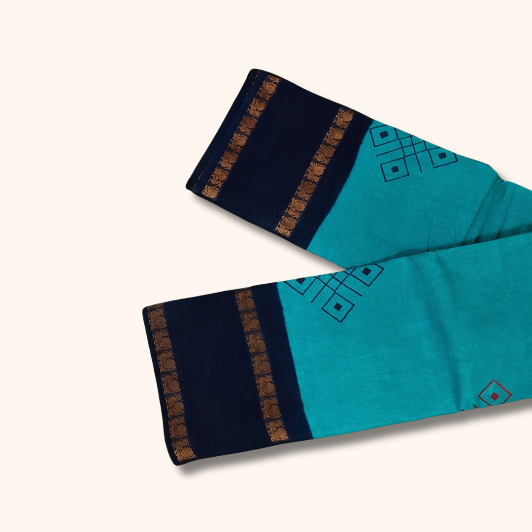 Turquoise Blue Cotton Saree with Navy Blue Border