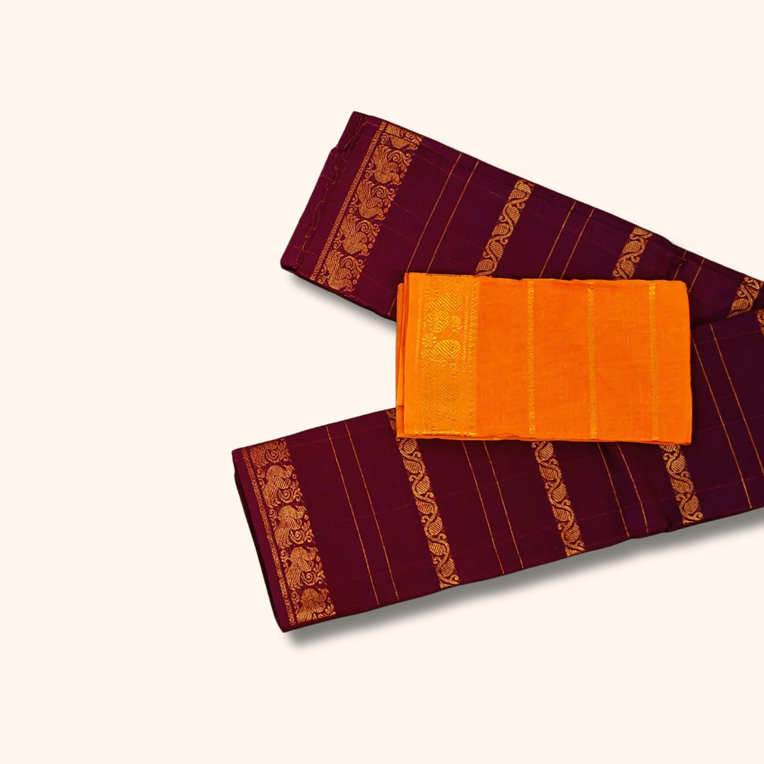 Wine Maroon Cotton Saree with Gold Zari Stripes & Traditional Border – Separate Blouse