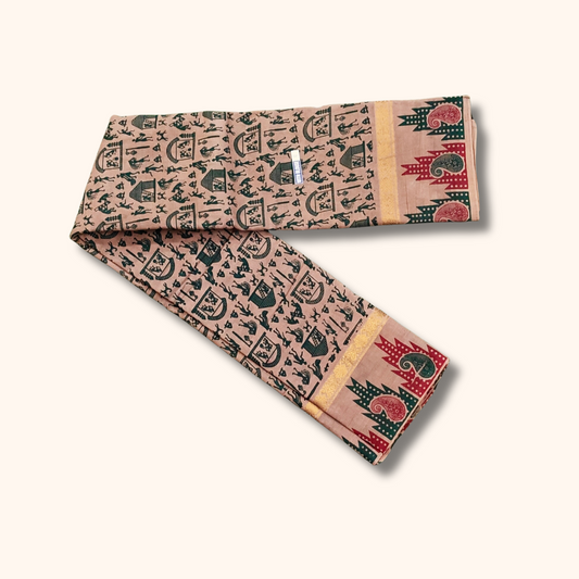 Peach Cotton Saree with Traditional Village Print & Running Blouse