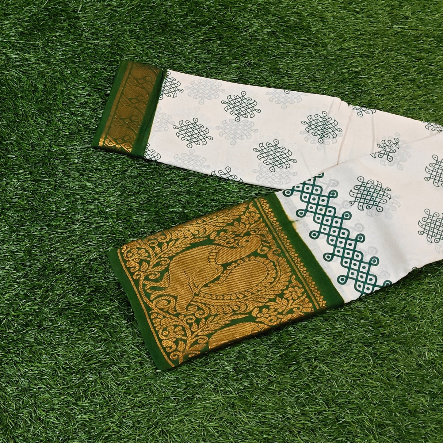 Beautiful Kolam White Printed Cotton Saree with Bottle Green Peacock Border