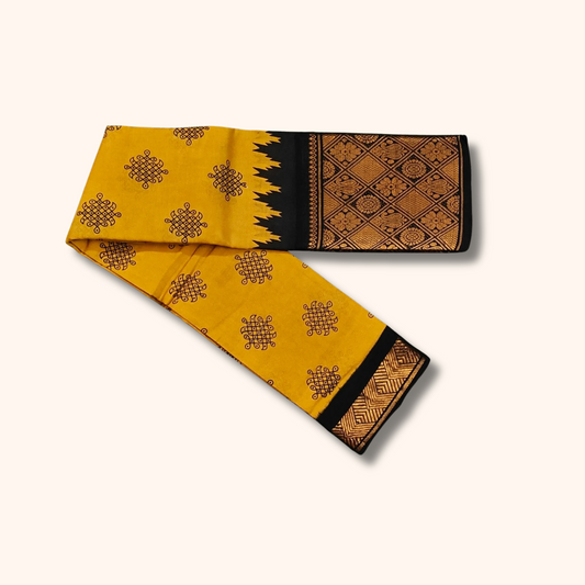 Mustard Yellow Kolam Cotton Saree with Black Rich Pallu