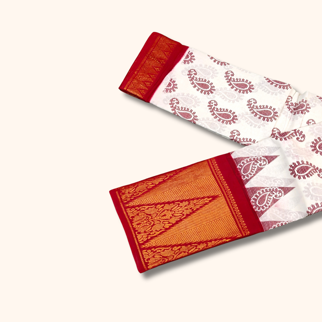 White Paisley Print Cotton Saree with Red Temple Border