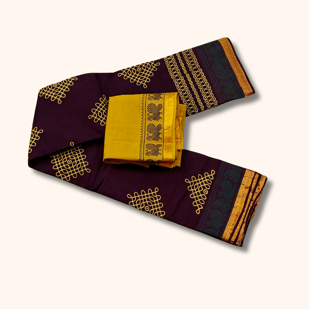 Dark Maroon Sungudi Cotton Saree with Mustard Traditional Kolam Design Saree