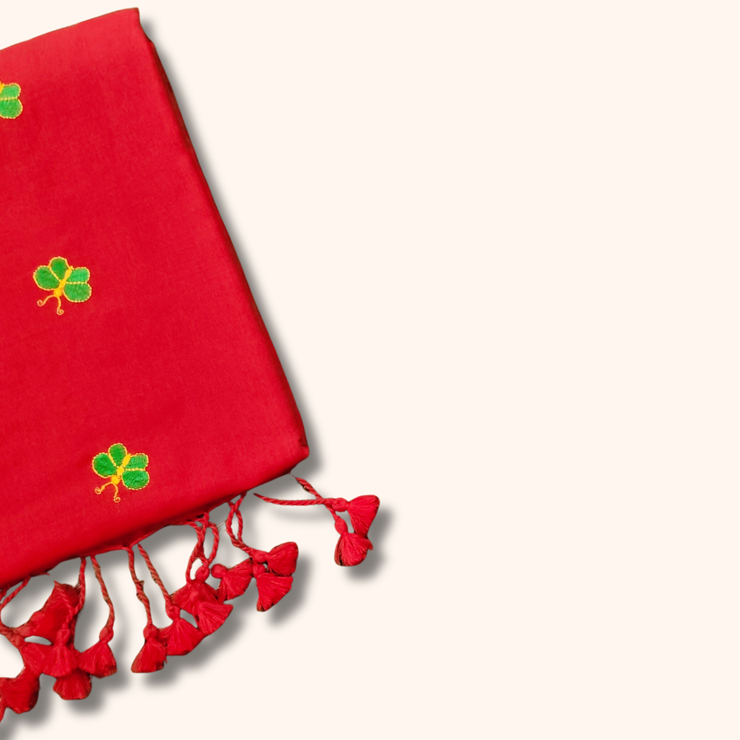 Mulmul Cotton Saree in Vibrant Red with Butterfly Motifs & Tassel Pallu