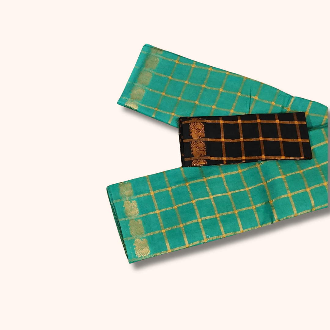 Pavithra Kattam Sungudi Cotton Saree – Teal Blue with Gold Checks & Traditional Motif Border