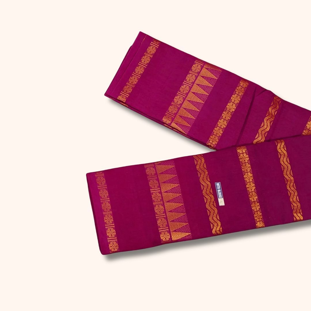 Magenta Cotton Saree with Gold Zari Floral & Geometric Stripes – Separate Blouse