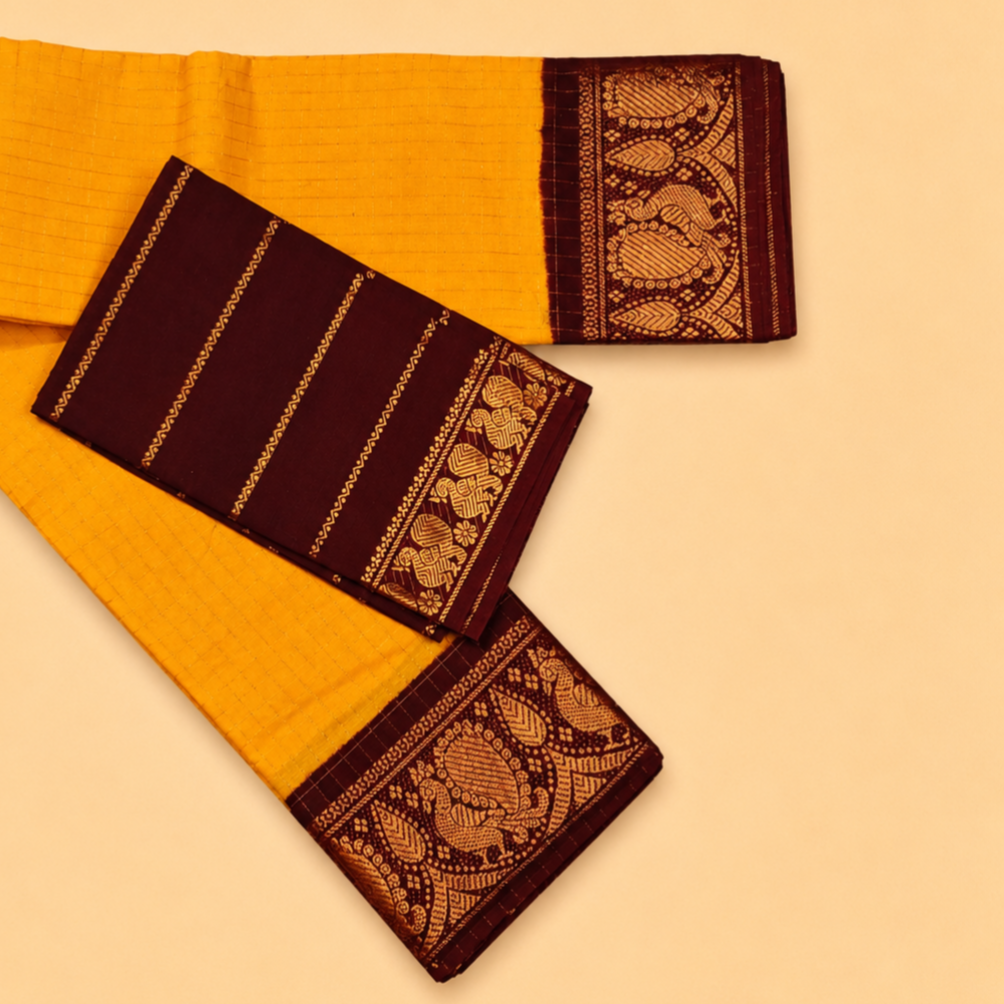 Mustard Yellow Checked Cotton Saree with Maroon Peacock Border
