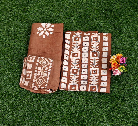 Elegant Brown Sungudi Cotton Chudidar Material Set with Batik Prints