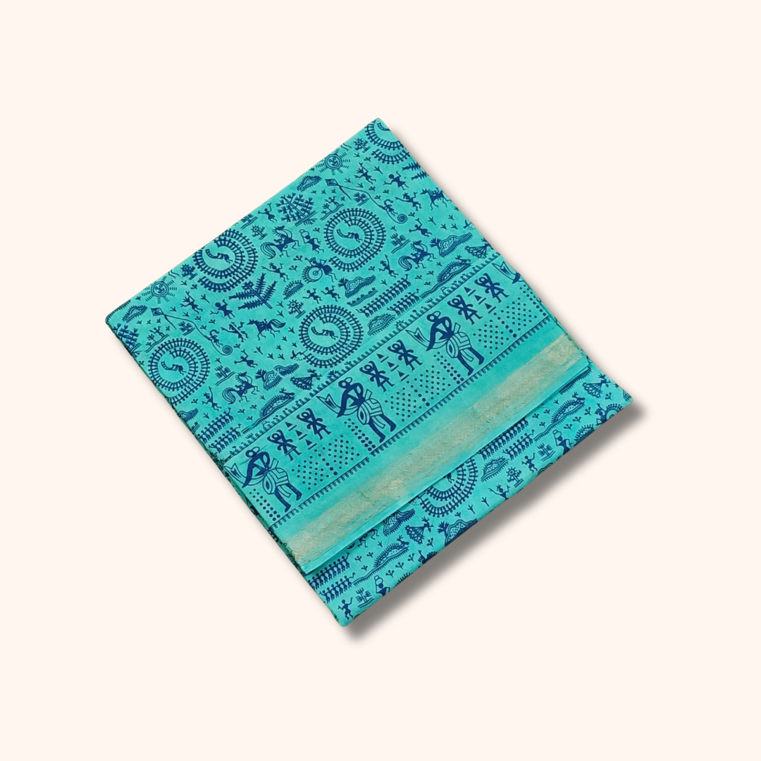 Turquoise Warli Art Print Cotton Saree with Traditional Border