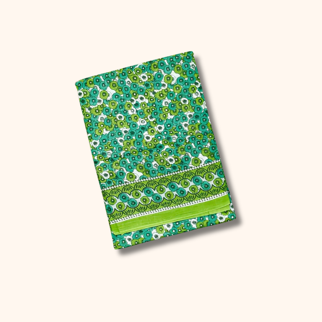 120s Count Sungudi Cotton Saree – Green Floral Design Running Blouse Included