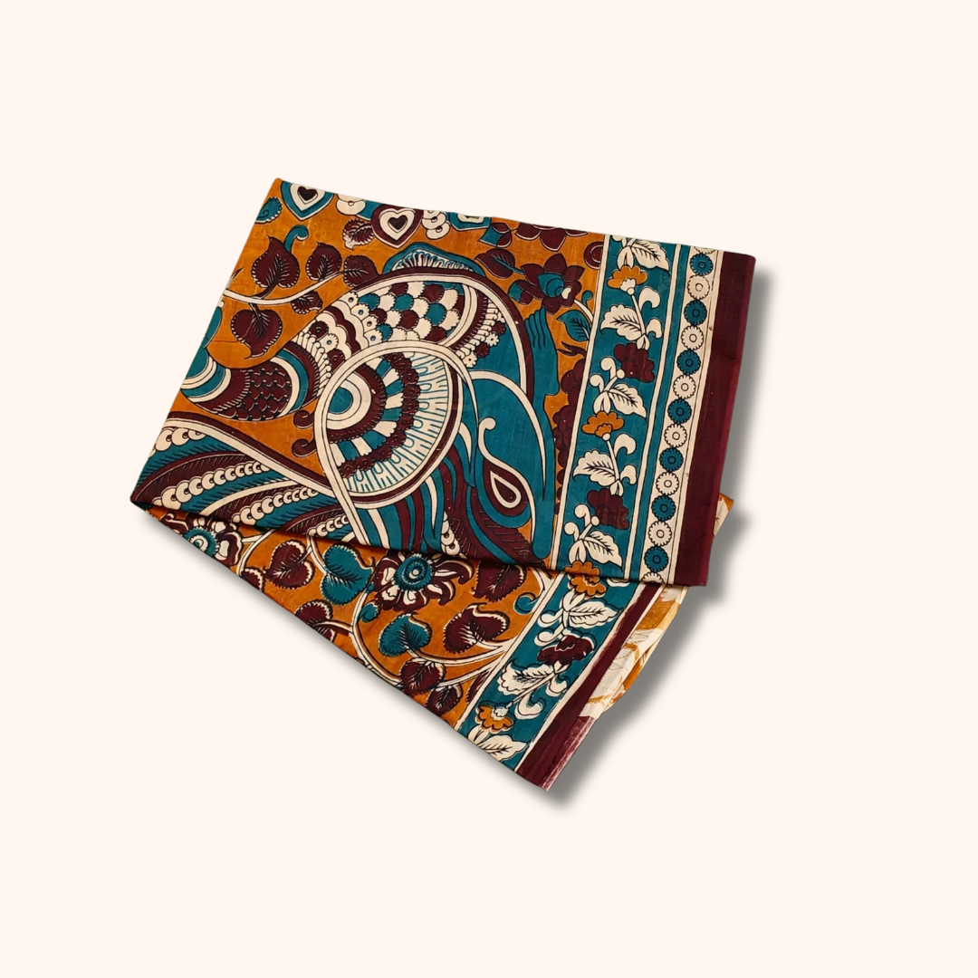 Mustard Yellow Kalamkari Cotton Saree with Peacock & Floral Prints