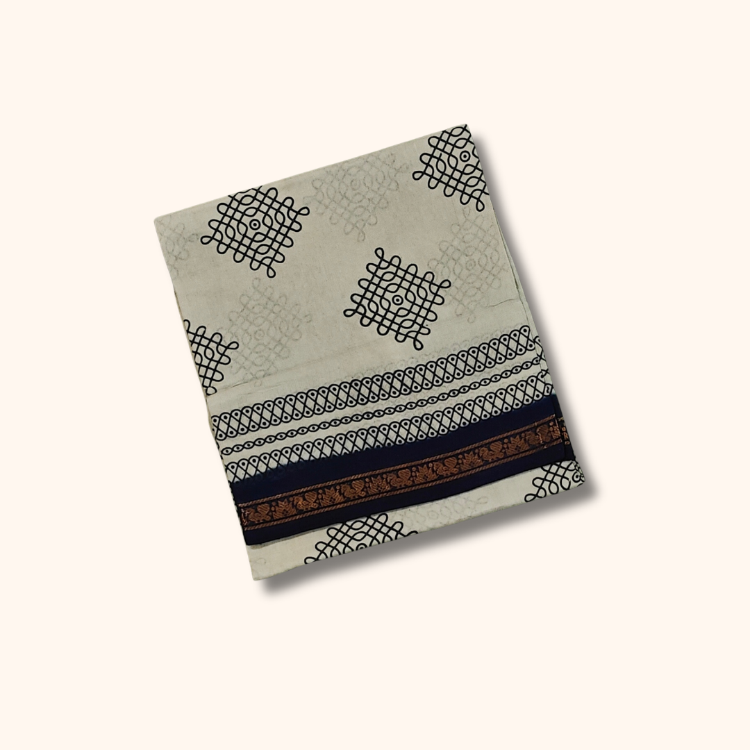 Off White Sungudi Cotton Saree with Navy Blue Border