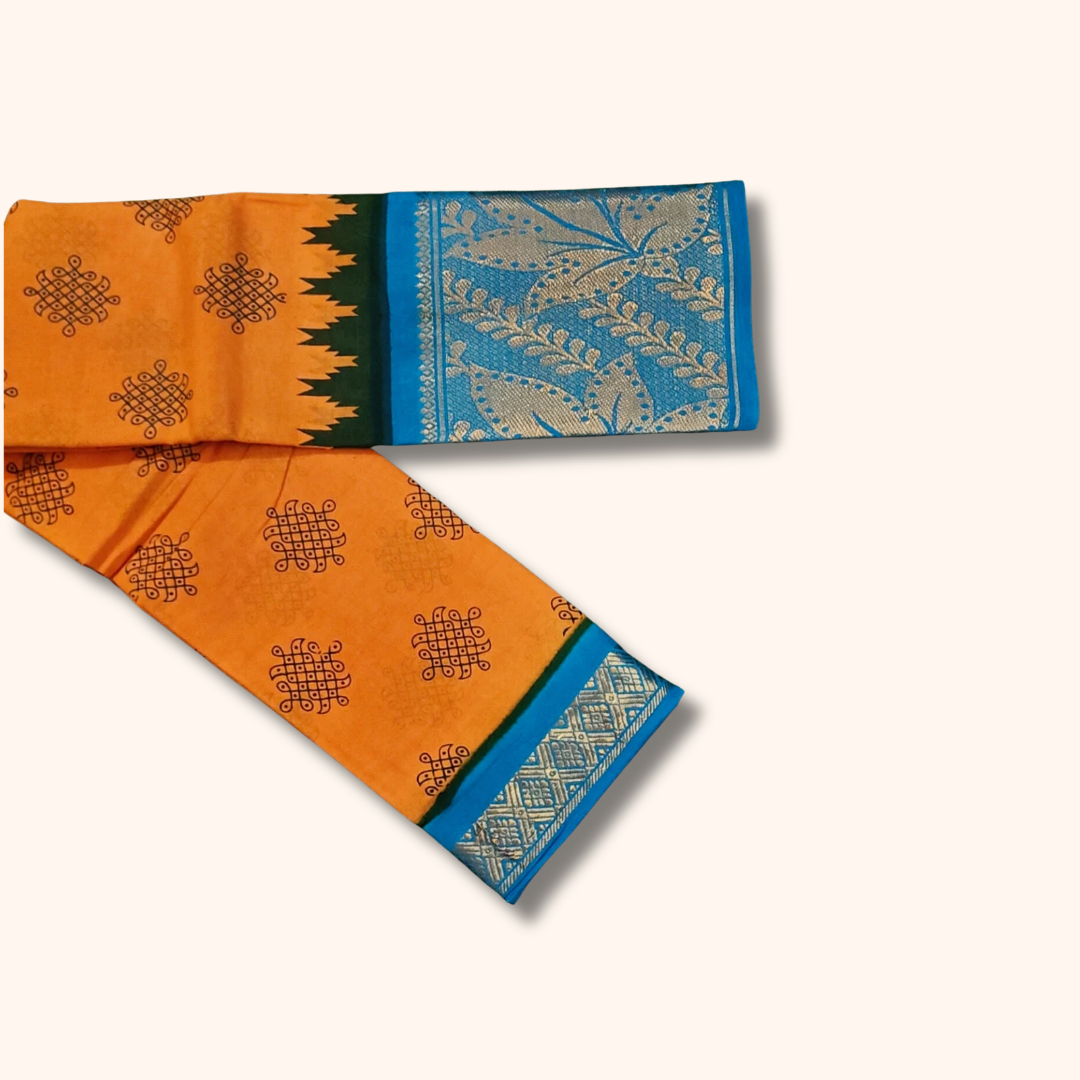 Mustard Yellow Kolam Cotton Saree with Sky Blue Floral Zari Border