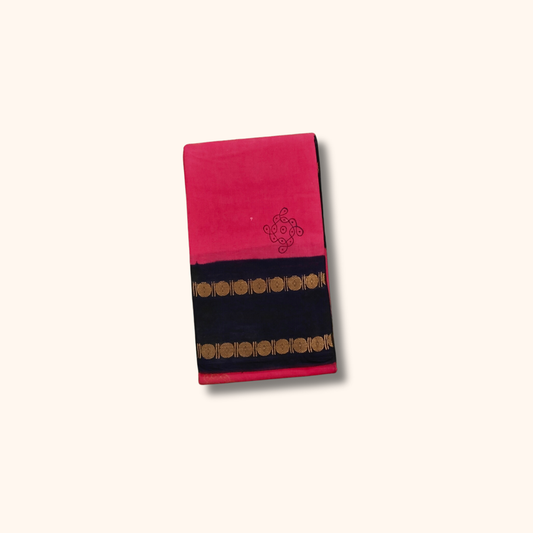 Pink Cotton Saree with Navy Blue Border – Running Blouse