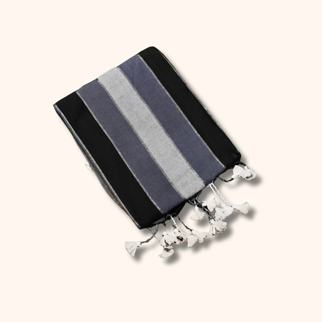 Mulmul Cotton Saree in Black, Charcoal Grey & Silver Stripes with Running Blouse