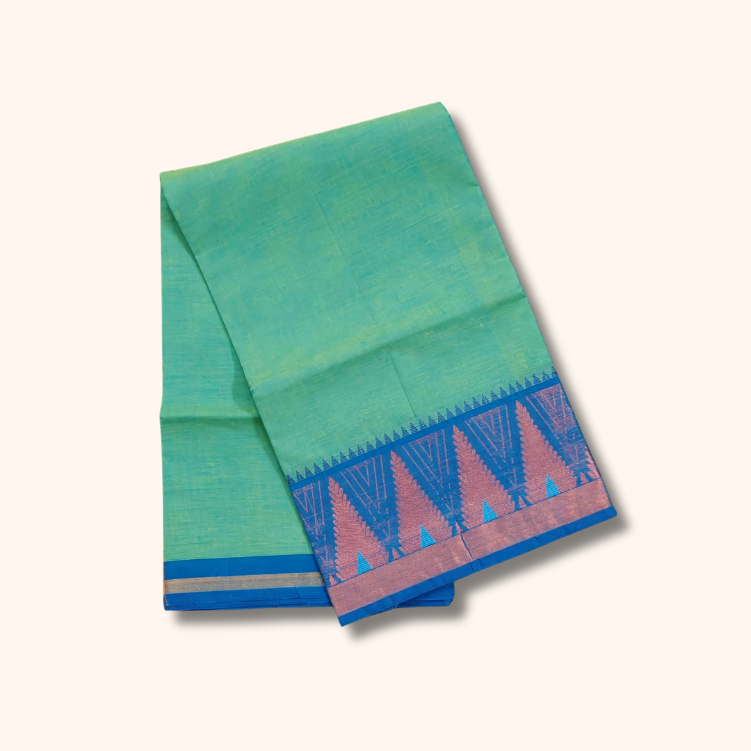 Aqua Blue Chettinad Cotton Saree with Traditional Tower Border