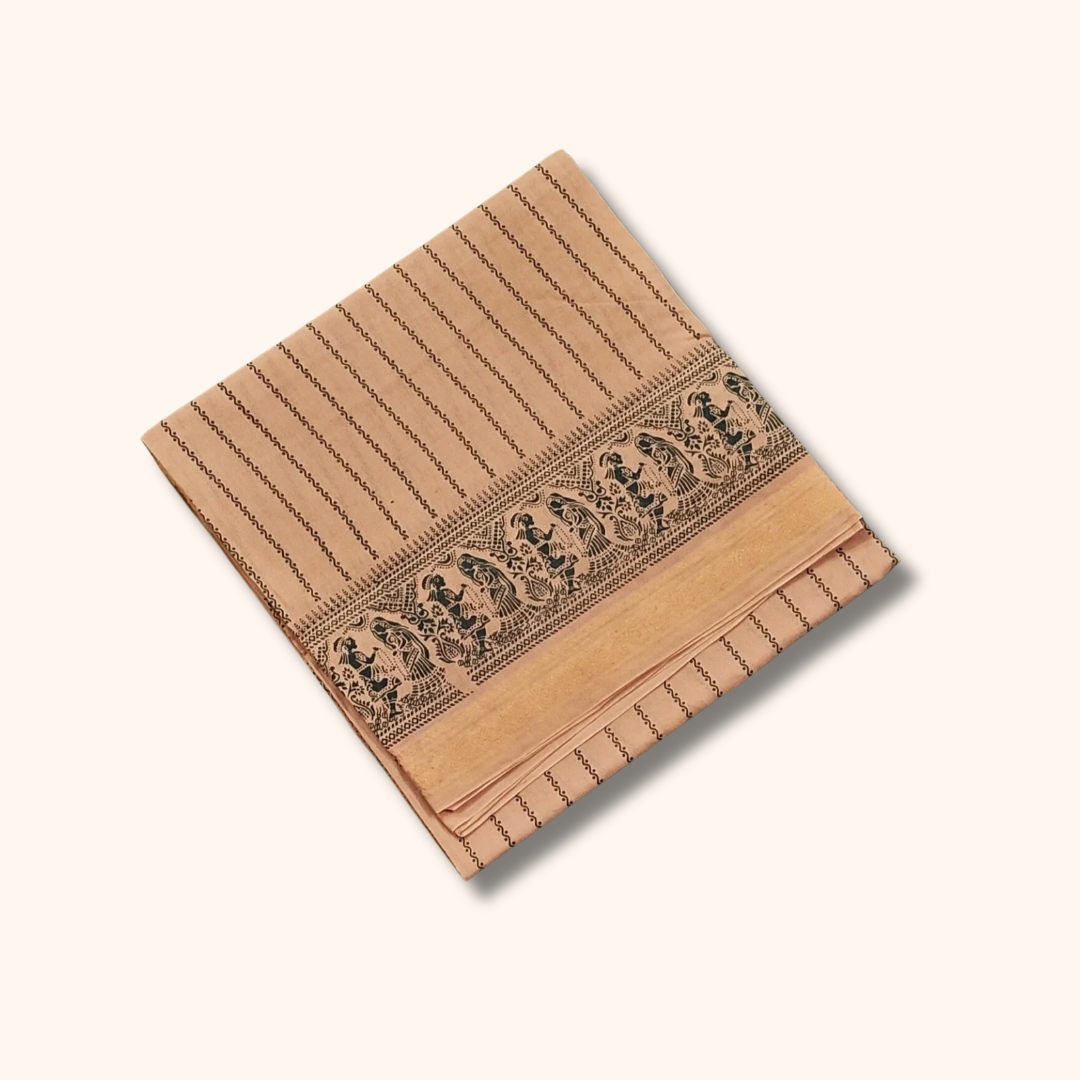 Peach Beige Folk Border Cotton Saree
