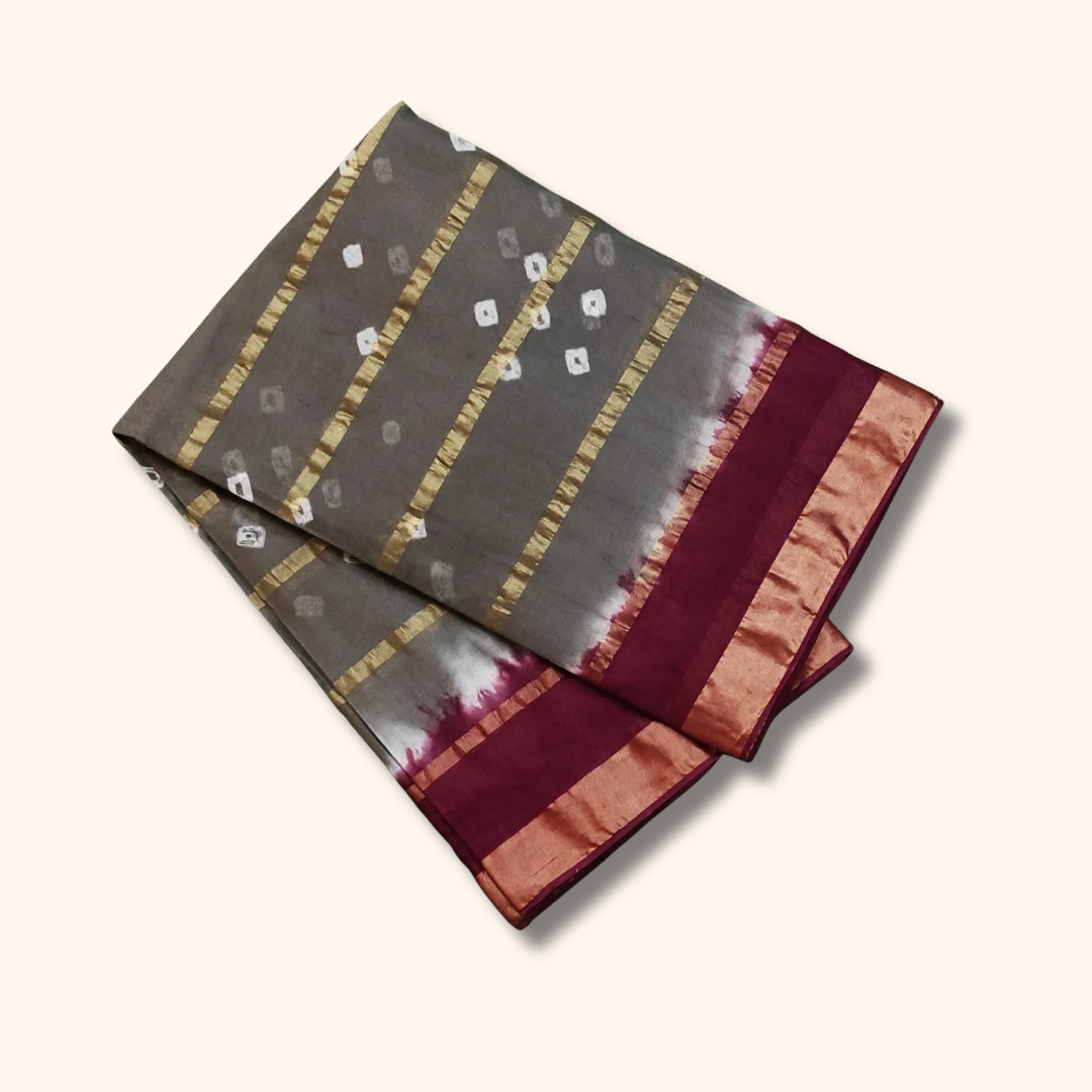 Charcoal Grey & Wine Tie-Dye Cotton Saree with Gold Zari Border