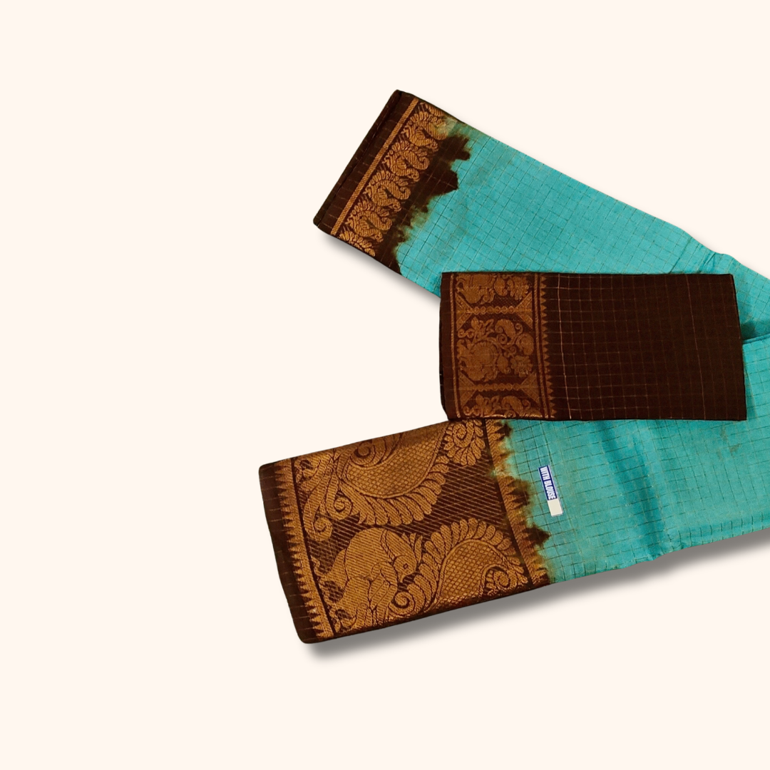 Turquoise Blue & Brown Sungudi Cotton Saree with Peacock Pallu – Separate Blouse Piece