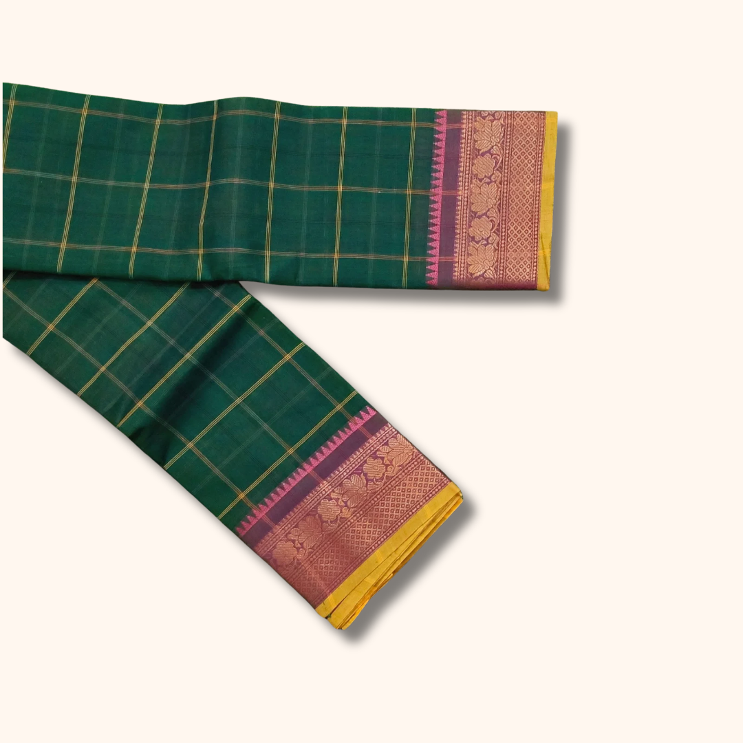 Emerald Green Chettinad Cotton Saree with Traditional Contrast Border