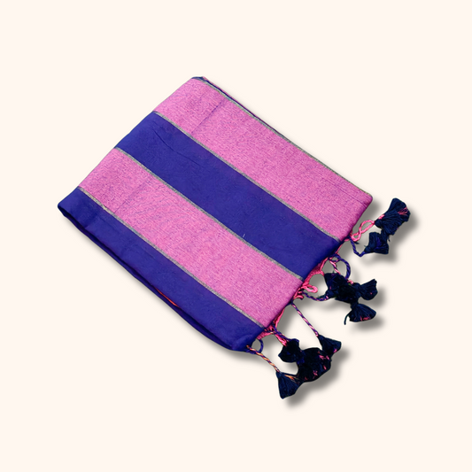 Mulmul Cotton Saree in Pink & Royal Blue Stripes with Running Blouse