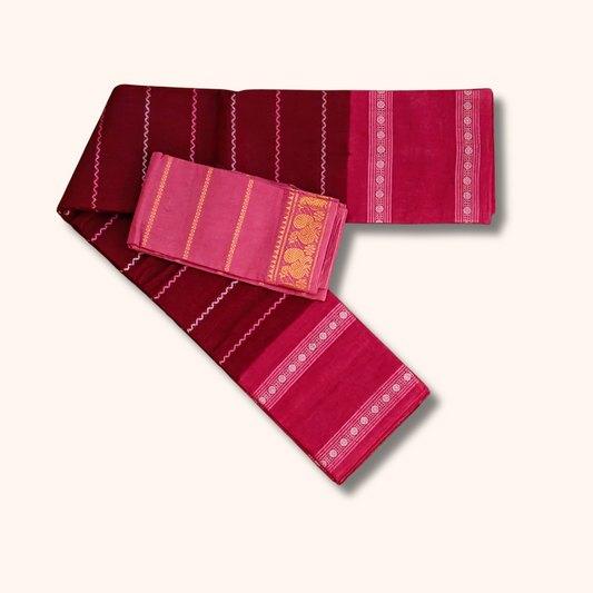 Maroon Sungudi Cotton Saree with Pink Peacock Border Blouse
