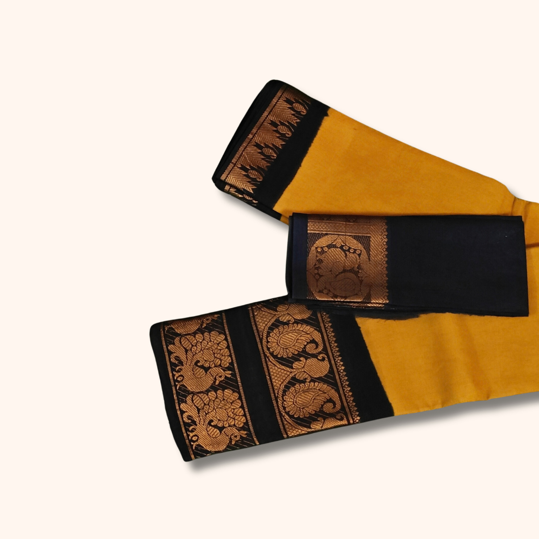 Mustard Yellow Cotton Saree with Black Gold Zari Peacock Border & Separate Blouse Piece