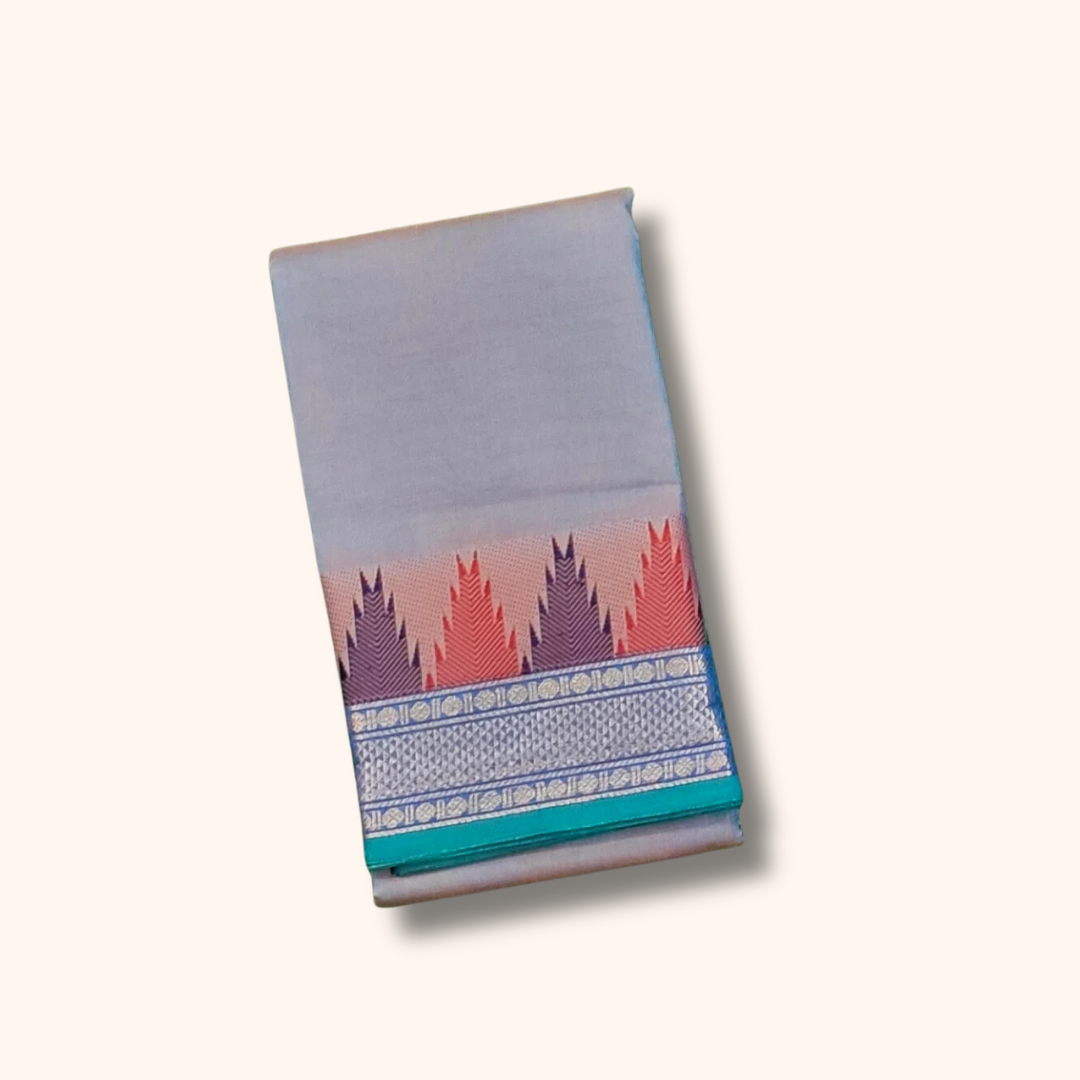 Bluish Grey Chettinad Cotton Saree with Traditional Contrast Border