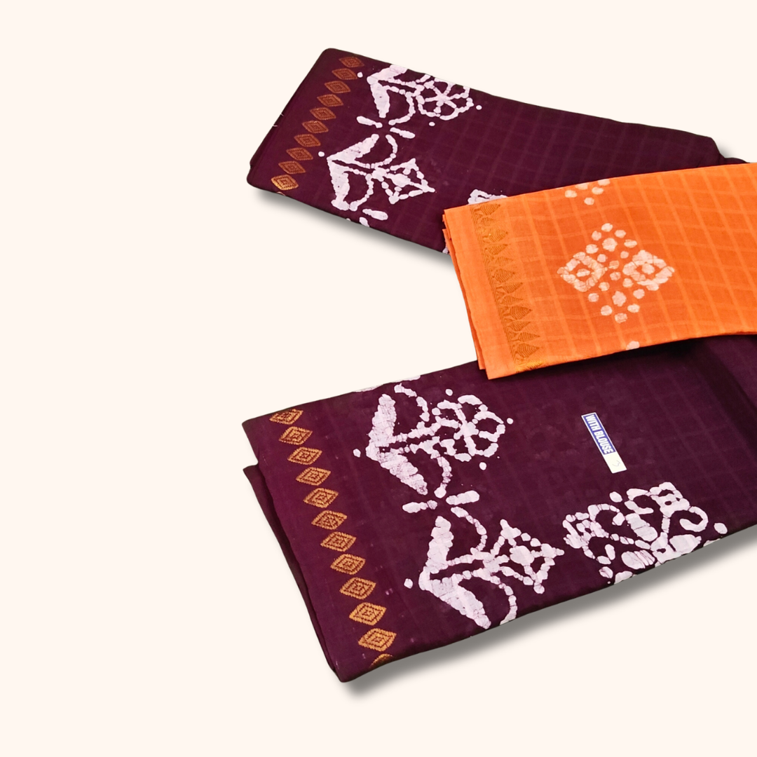 Maroon Floral Batik Print with Contrast Orange Blouse Piece Sungudi Cotton Saree