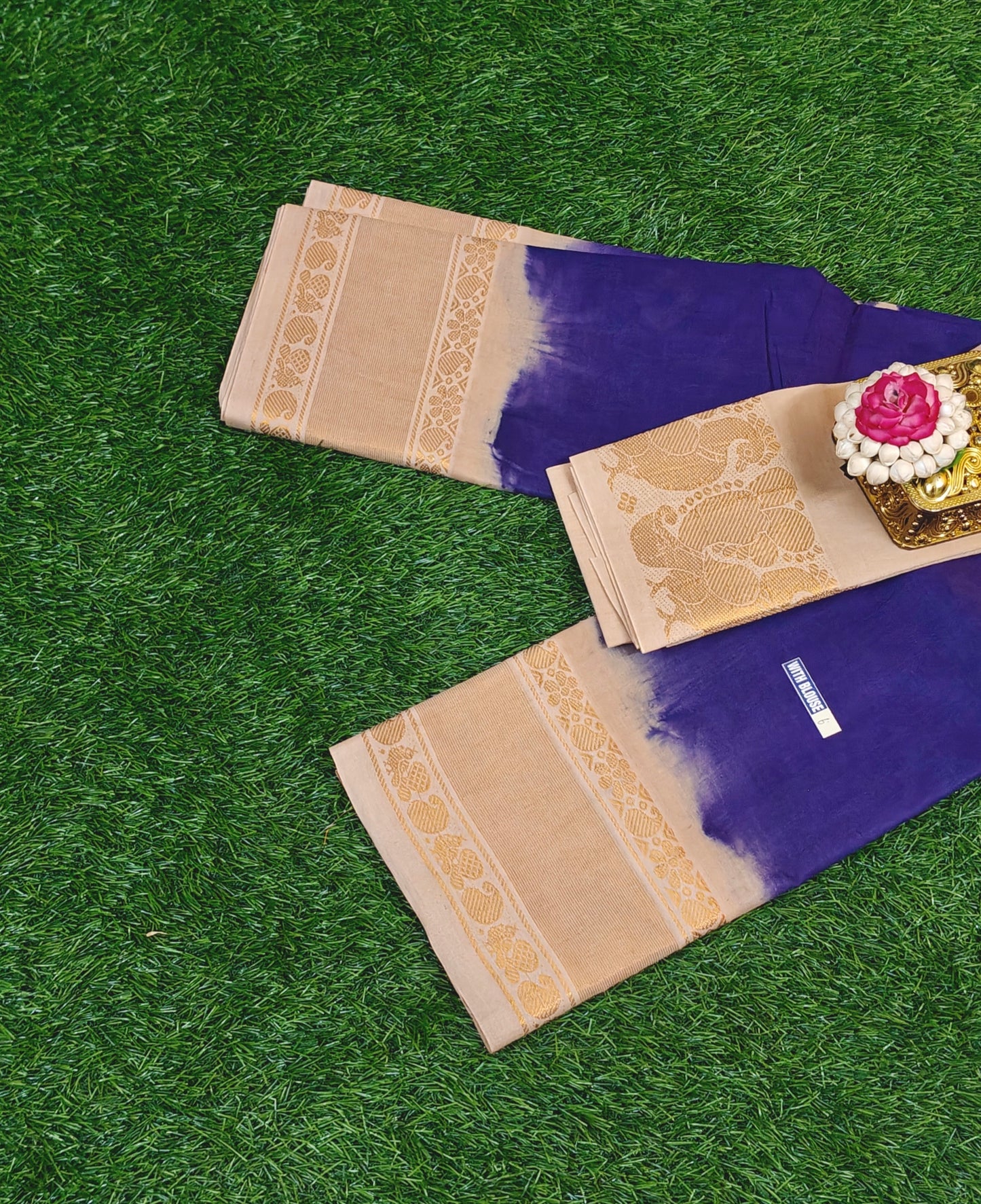 Authentic Deep Violet Sungudi Cotton Saree with Beige Zari Border & Contrast Blouse