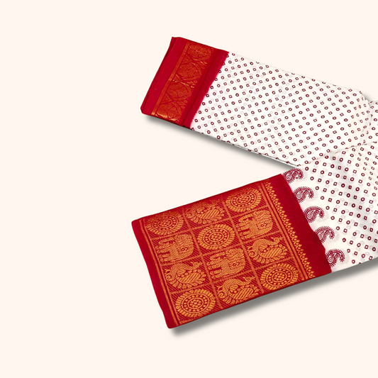 Off White Dot Print Cotton Saree with Red Elephant Zari Border