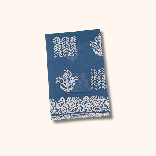 Blue Cotton Saree with White Floral Motifs & Printed Border – Separate Blouse