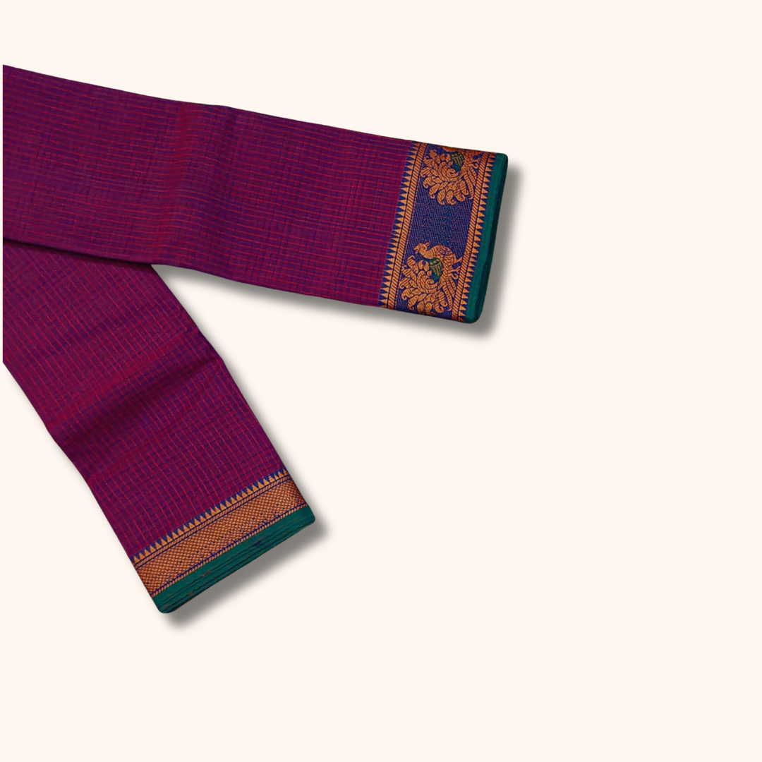 Purple Chettinad Cotton Saree with Traditional Peacock Border