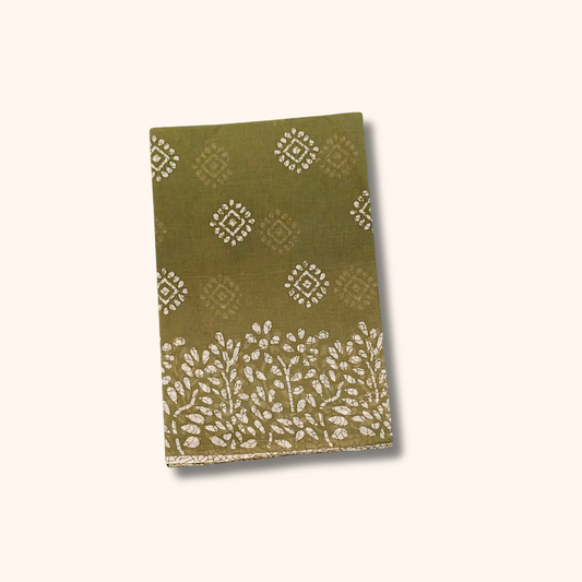 Olive Green Cotton Saree with White Floral & Geometric Prints – Separate Blouse
