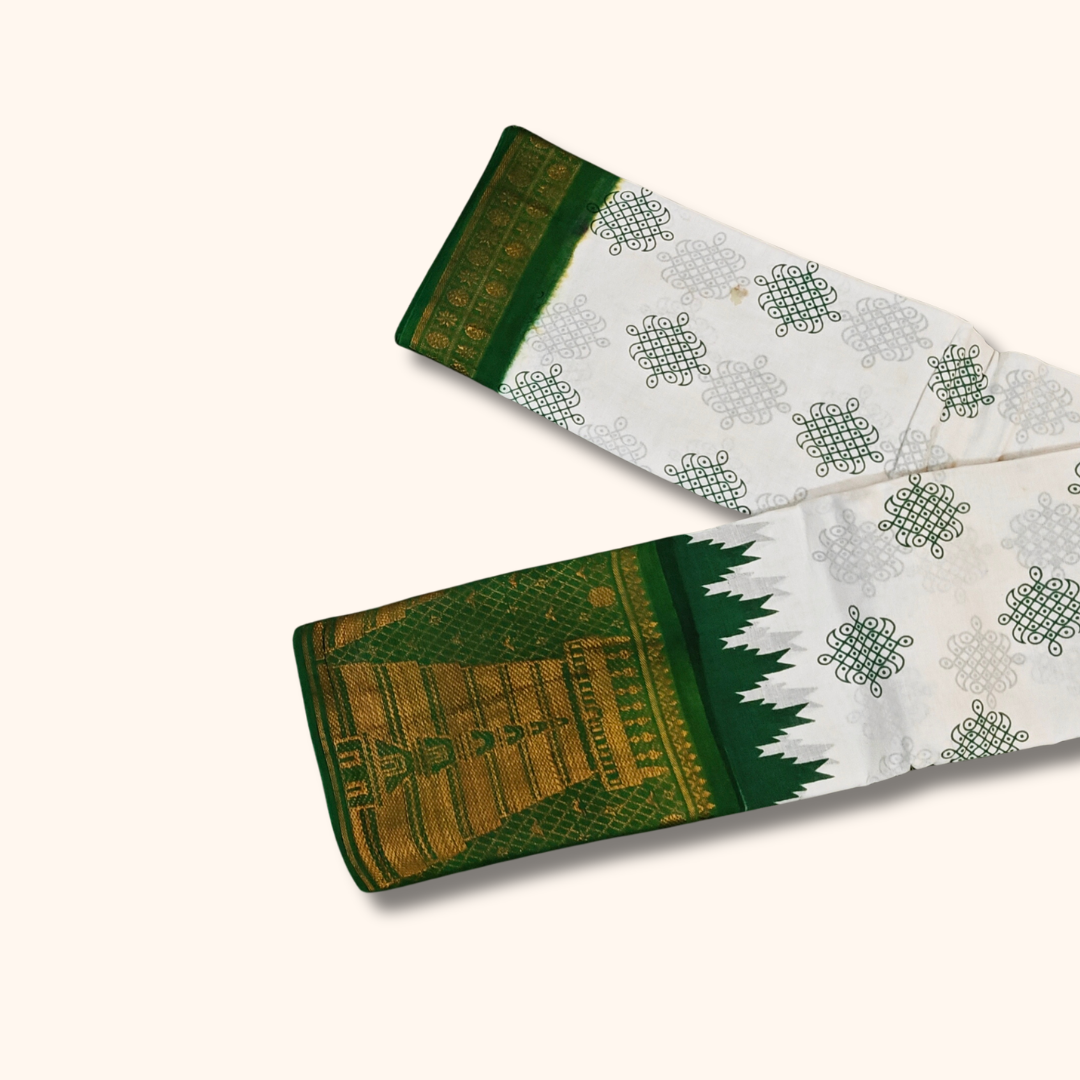 White Cotton Saree with Bottle Green Temple Border – Without Blouse