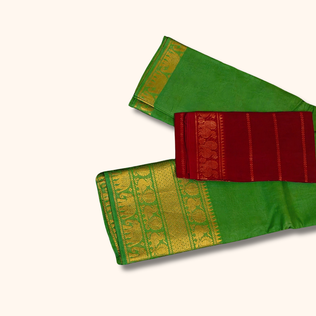 Green Cotton Saree with Gold Zari Traditional Border & Maroon Separate Blouse Piece