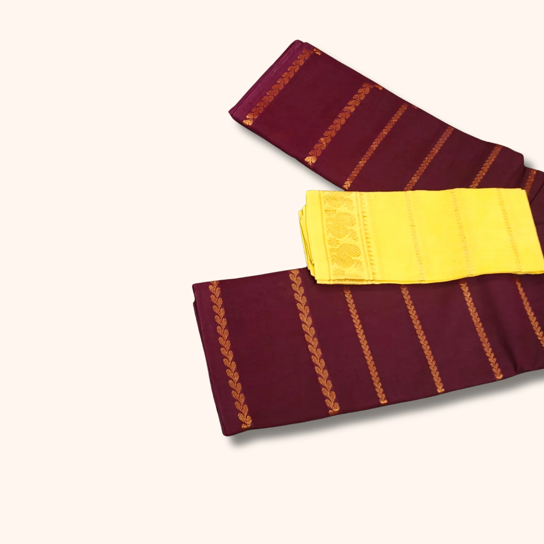 Maroon Cotton Saree with Contrast Lemon Yellow Blouse