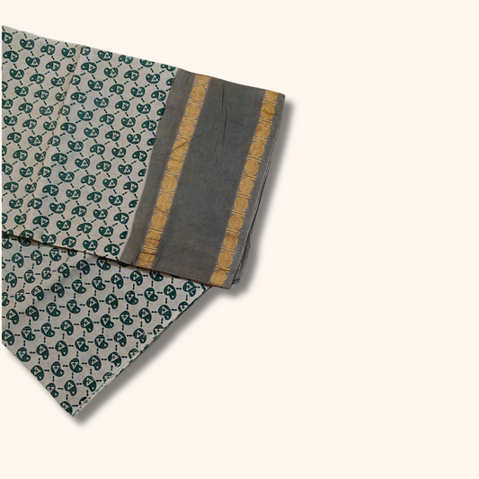 Grey & Off-White Printed Cotton Saree with Gold Zari Single Border