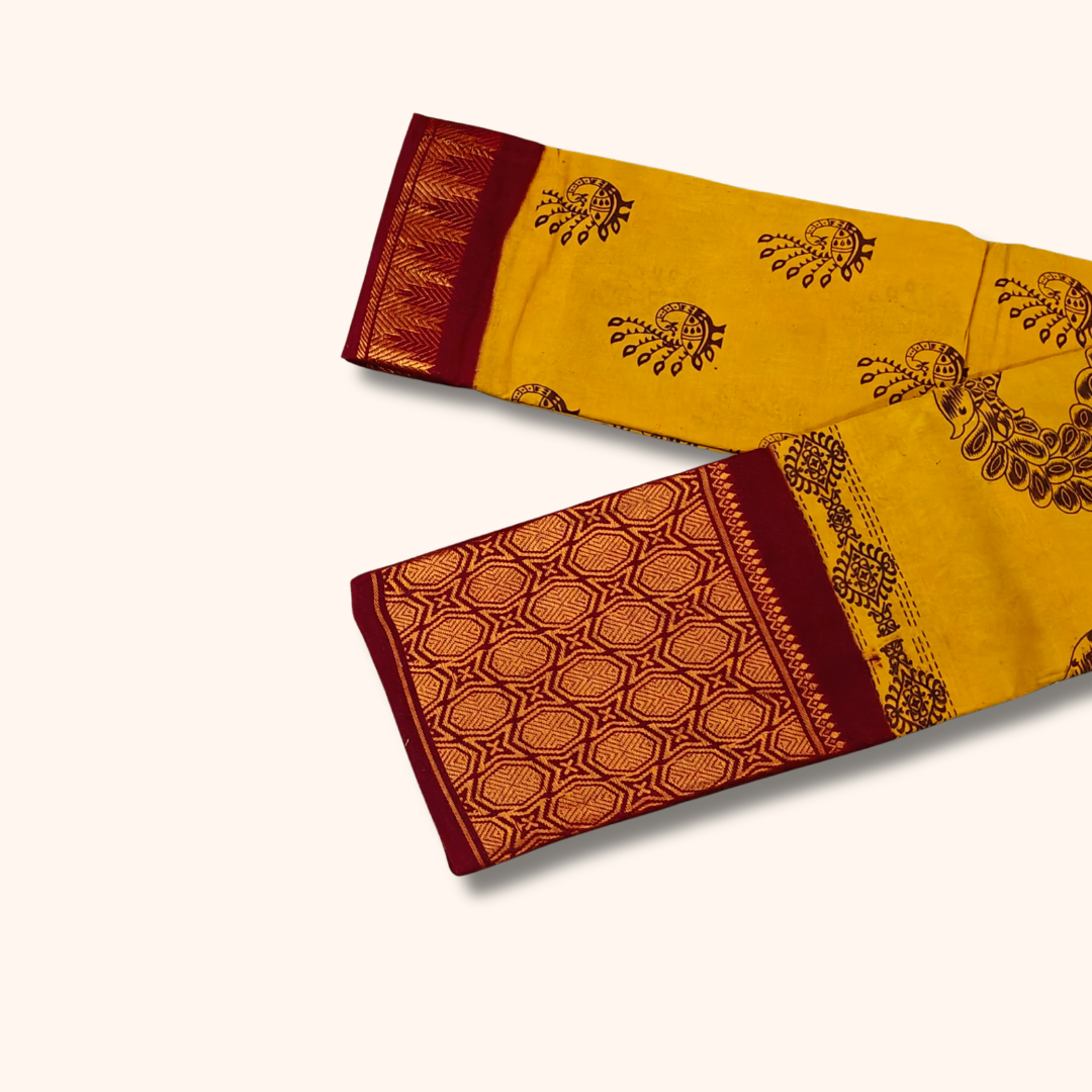 Mustard Yellow Sungudi Cotton Saree with Maroon Peacock Zari Border