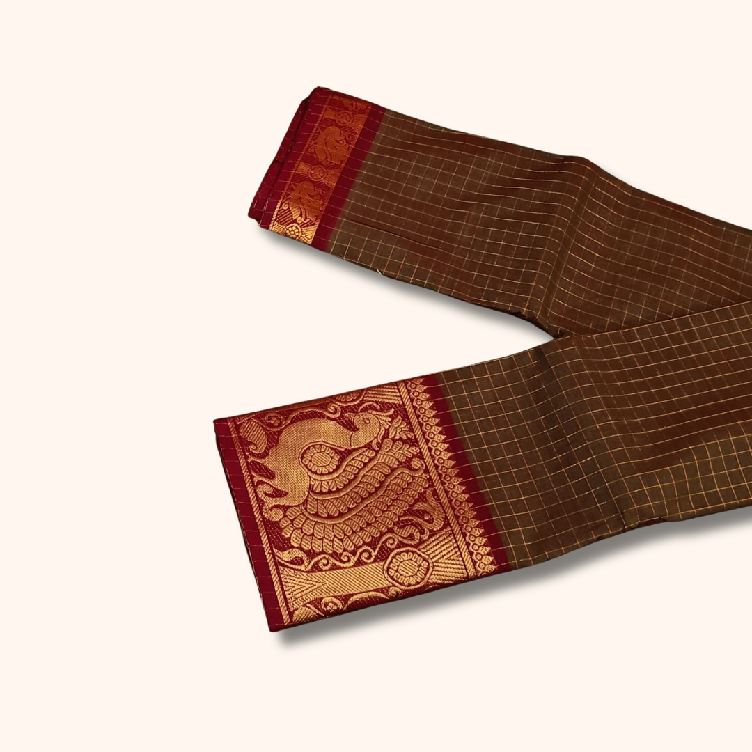 Brown Chettinad Cotton Saree with Peacock Border