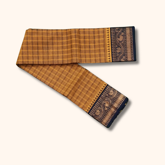 Mustard Brown Chettinad Cotton Saree with Traditional Temple Border