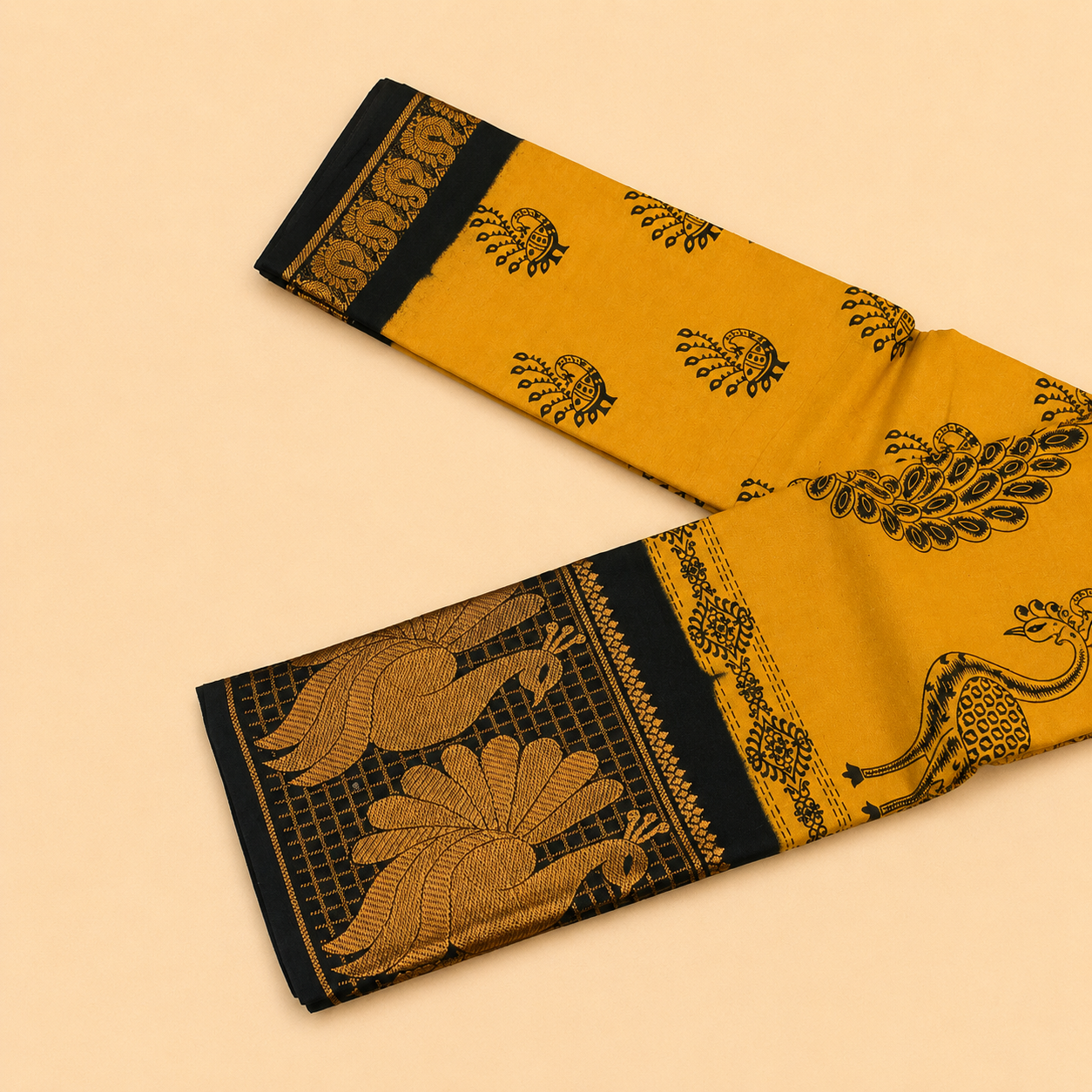 Attractive Mustard Yellow Printed Cotton Saree with Black Peacock Border