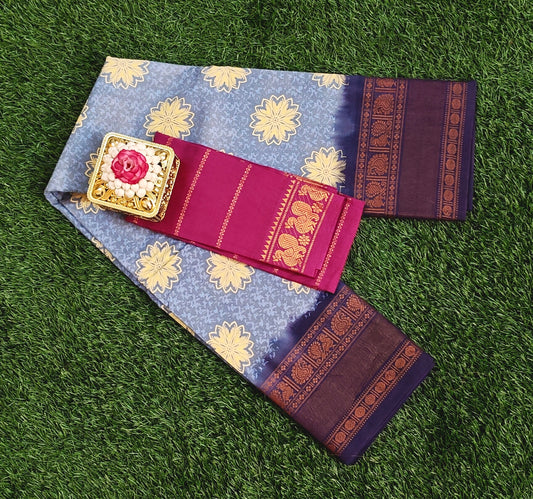 Blue Printed Sungudi Cotton Saree with Contrast Maroon Blouse Piece