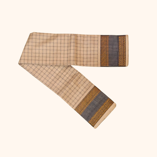 Cream Checked Chettinad Cotton Saree with Grey colour Border