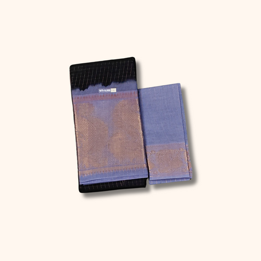 Navy Blue Checked Sungudi Cotton Saree with Peacock Zari Border