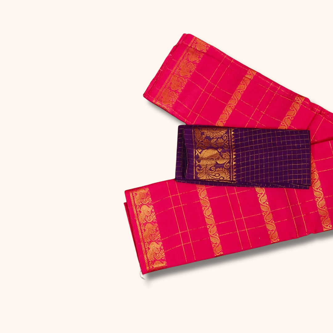 Rani Pink Pure Cotton Saree with Contrast Blouse Piece