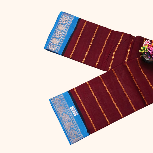 Maroon Sungudi Cotton Saree with Royal Blue Zari Border & Running Blouse