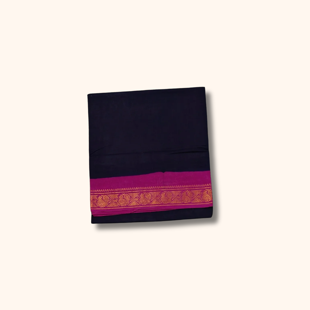 Dark Blue Saree with Magenta Zari Border & Traditional Motifs – Running Blouse Included